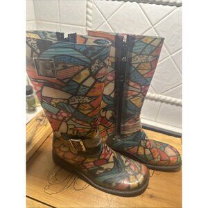 RARE Donald J. Pliner Couture “stained glass” Romero Britto Print RAINBOOT Sz 7